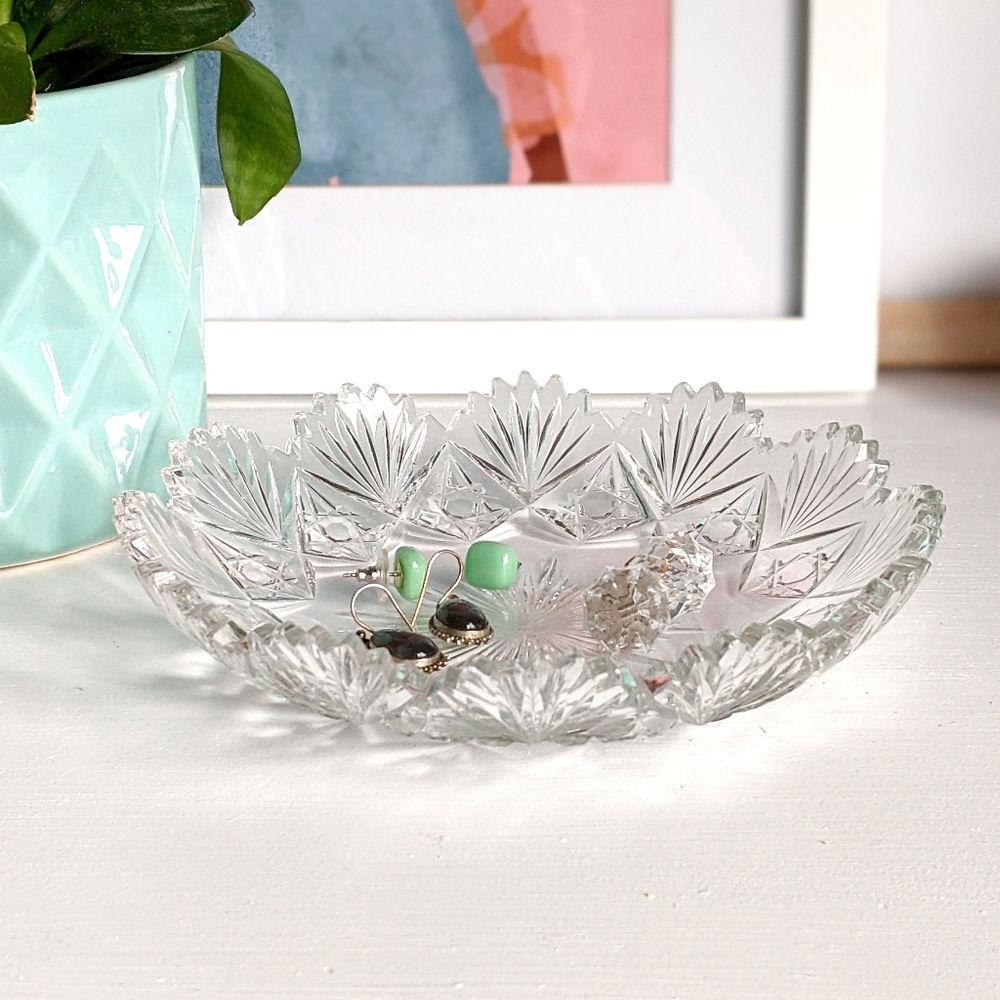 birks clear crystal glass dish with fanned edge